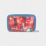 HERMES Azap Red Geometric Print Silk Blue Leather Zip Around Wallet