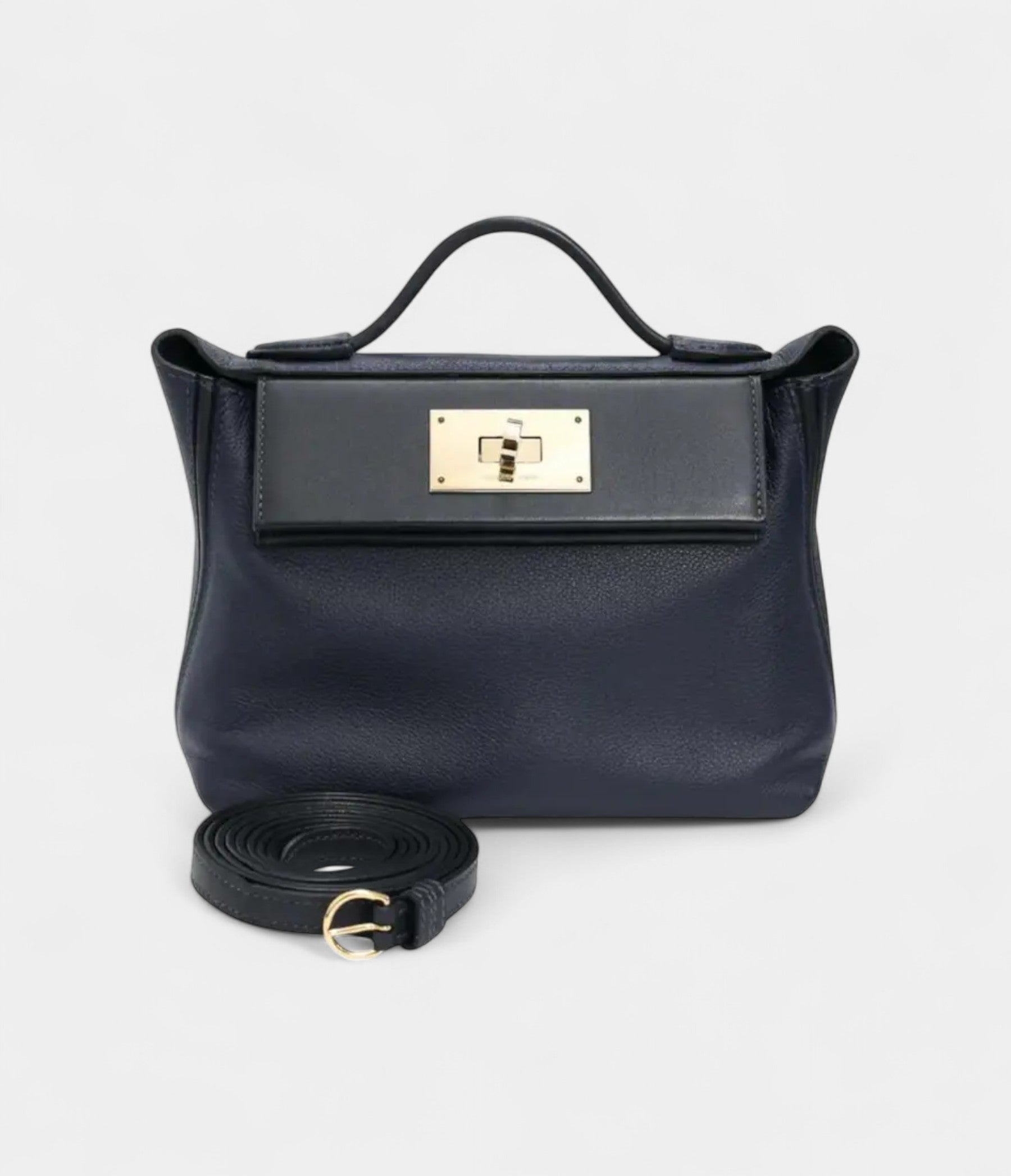 Hermès 24/24 Handmade Navy Leather Bag with Palladium Hardware