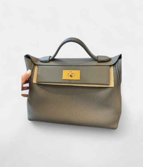 Hermès 24/24 Handmade in Dark Grey and Gold-Tone Leather with Palladium Hardware