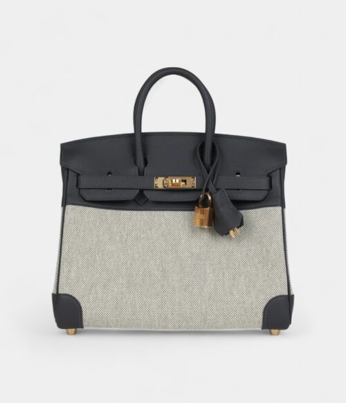 Hermès Birkin 25 Ecru and Ardoise Toile H Canvas and Ardoise Swift Gold Hardware