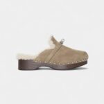 Hermès Shearling-Lined Suede Mules with Studded Wooden Sole
