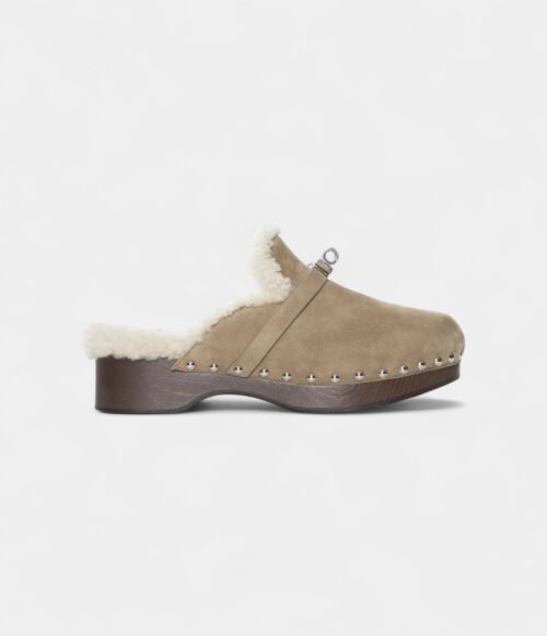 Hermès Shearling-Lined Suede Mules with Studded Wooden Sole