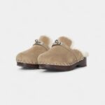 Hermès Shearling-Lined Suede Mules with Studded Wooden Sole