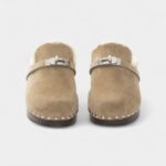 Hermès Shearling-Lined Suede Mules with Studded Wooden Sole