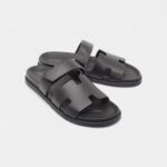 Hermes Black Leather Chypre Sandals 45.5 EU