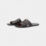 Hermes Black Leather Izmir Flat Slides 44 EU