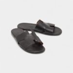 Hermes Black Leather Izmir Flat Slides 44 EU