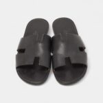 Hermes Black Leather Izmir Flat Slides 44 EU