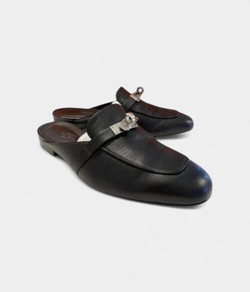 Hermès Black Leather Oz Mules with Palladium Hardware