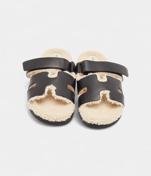 Hermes Black Leather and Shearling Fur Lined Chypre Sandals 45.5 EU