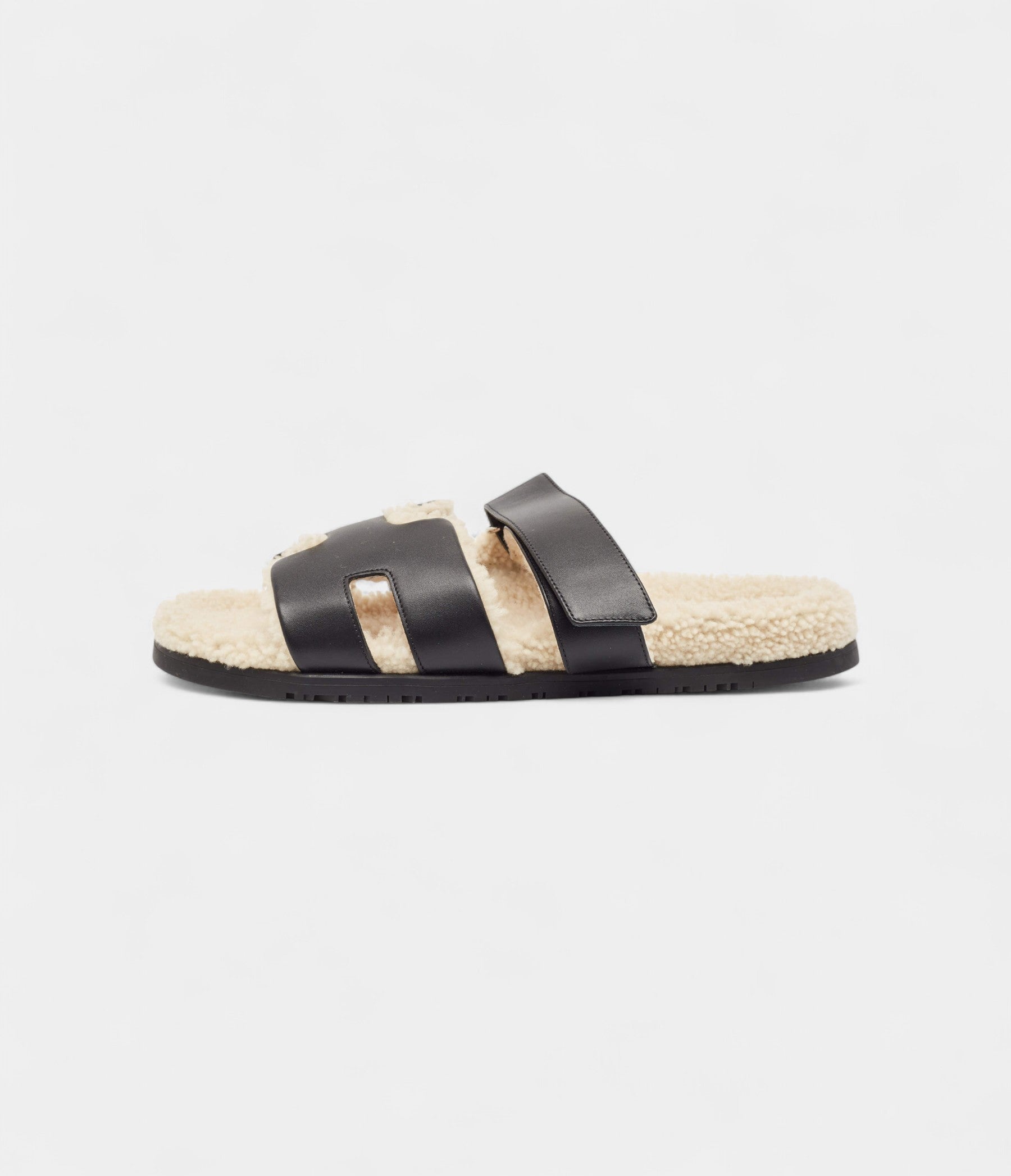Hermes Black Leather and Shearling Fur Lined Chypre Sandals 45.5 EU