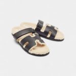 Hermes Black Leather and Shearling Fur Lined Chypre Sandals 45.5 EU