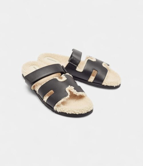 Hermes Black Leather and Shearling Fur Lined Chypre Sandals 45.5 EU