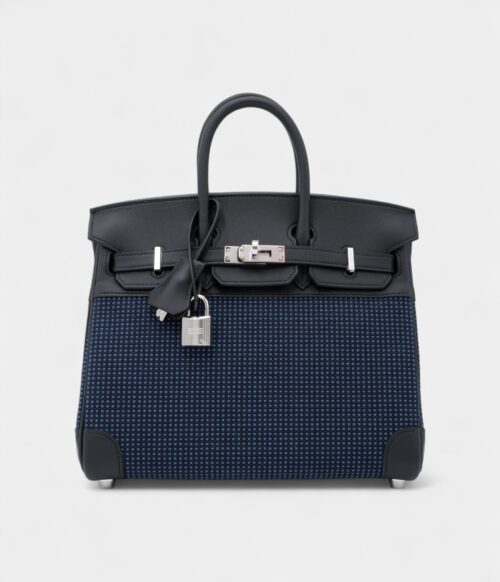 Hermès Black Swift and Bleu Egee Bivouac Toile Birkin 25 Palladium Hardware