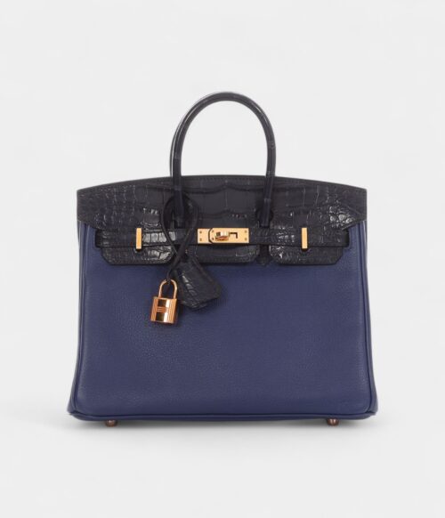 Hermès Bleu Saphir Novillo and Bleu Marine Matte Alligator Birkin Touch 25 Rose Gold Hardware