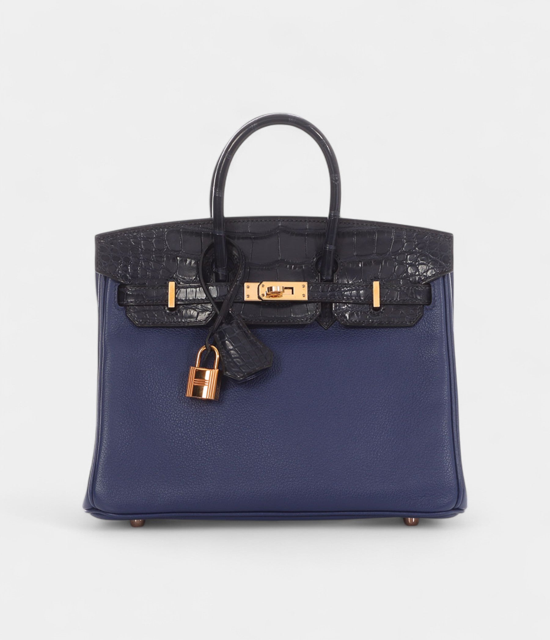 Hermès Bleu Saphir Novillo and Bleu Marine Matte Alligator Birkin Touch 25 Rose Gold Hardware