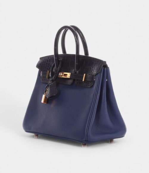 Hermès Bleu Saphir Novillo and Bleu Marine Matte Alligator Birkin Touch 25 Rose Gold Hardware