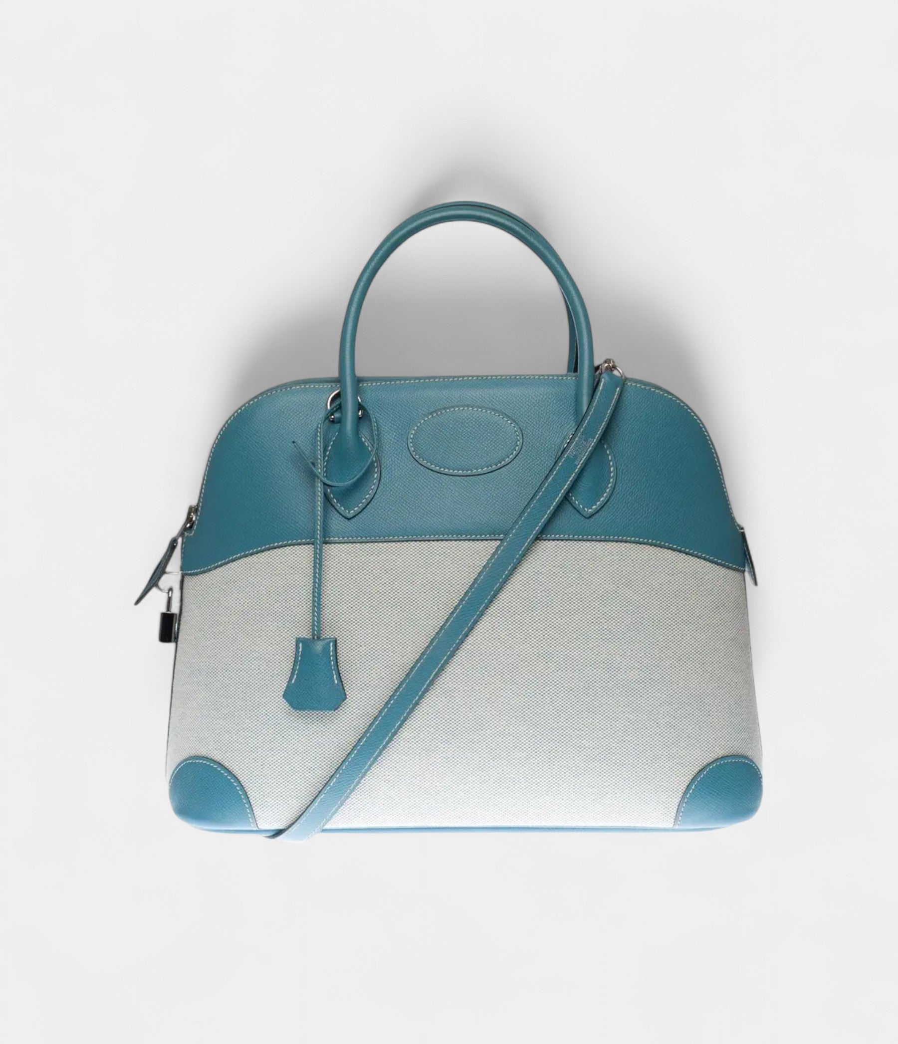 Hermès Bolide 35 Bag in Blue Leather and Canvas – Handmade Two-Tone Shoulder Bag