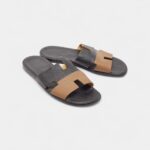 Hermes Brown/Black Leather Izmir Flat Slides 43 EU