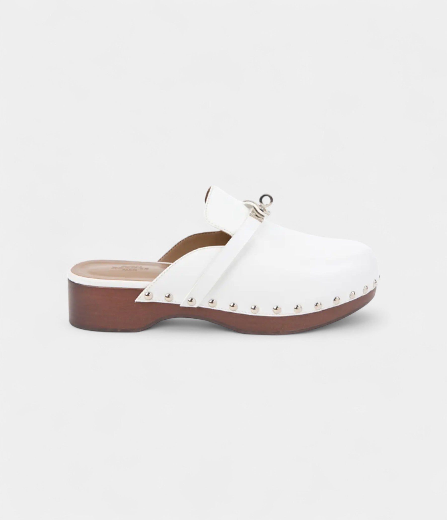 Hermès Carlotta White Leather Mules with Studded Wooden Platform and Palladium Hardware