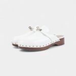 Hermès Carlotta White Leather Mules with Studded Wooden Platform and Palladium Hardware