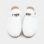 Hermès Carlotta White Leather Mules with Studded Wooden Platform and Palladium Hardware