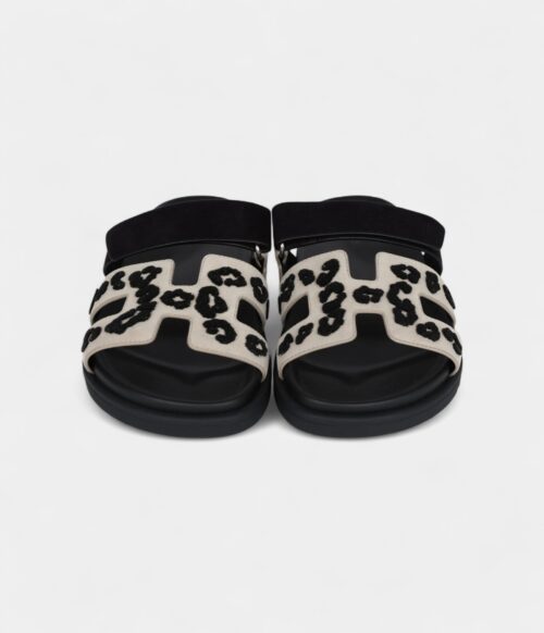 Hermès Chypre Techno Sandal Beige Esquisse and Black Tufted Suede Palladium Hardware 37 EU