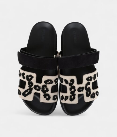 Hermès Chypre Techno Sandal Beige Esquisse and Black Tufted Suede Palladium Hardware 37 EU