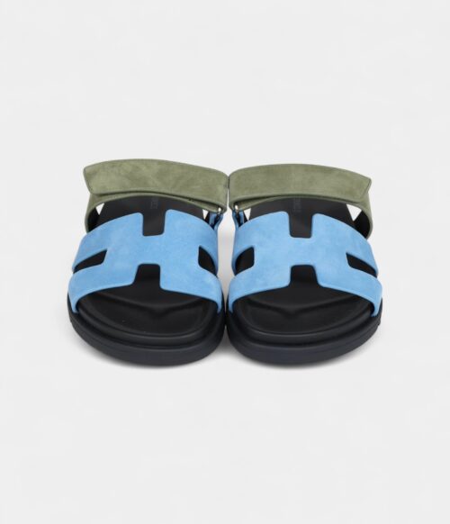 Hermès Chypre Techno Sandal Bleu Cameo/Vert Suede Palladium Hardware 37.5 EU