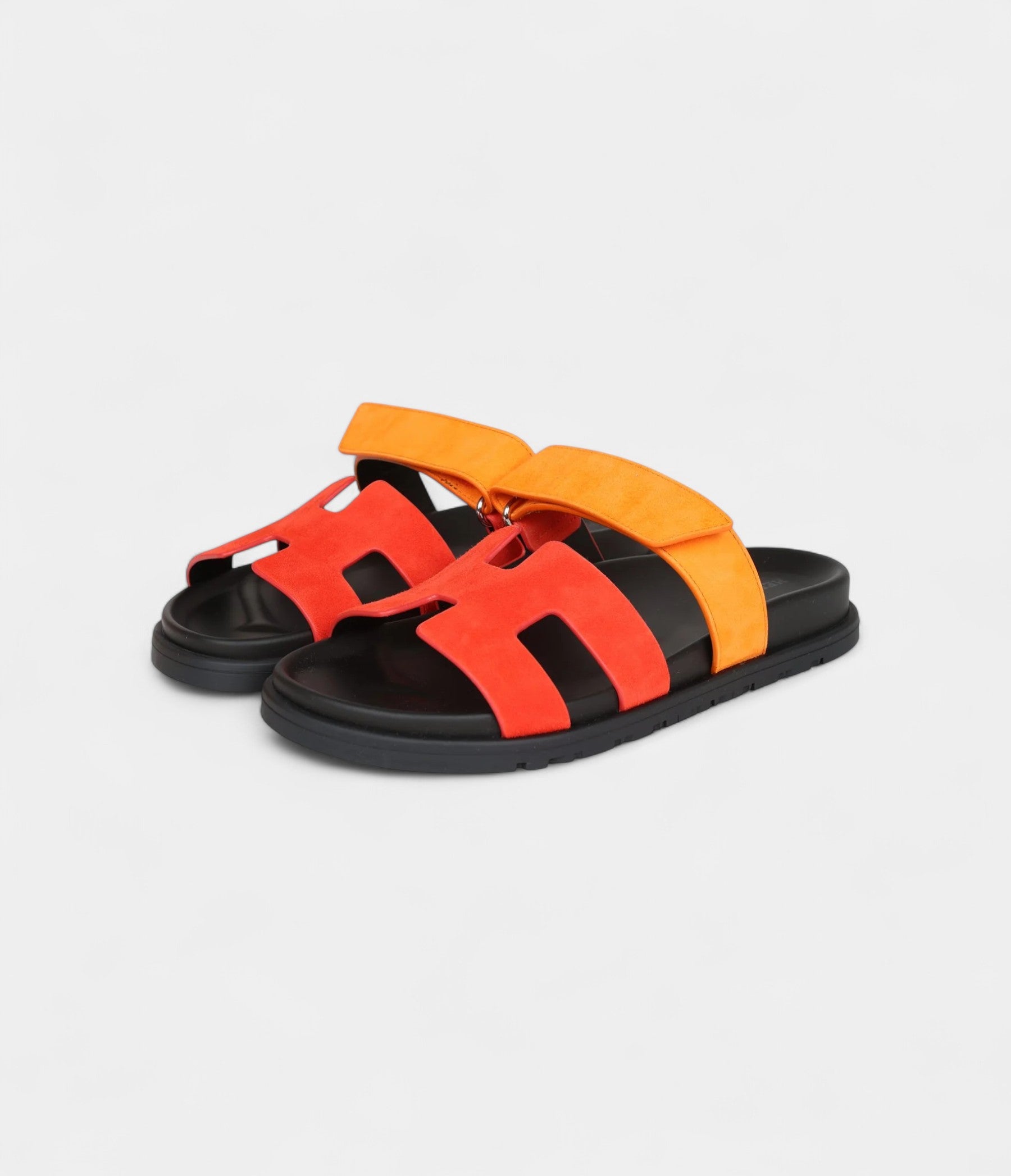 Hermès Chypre Techno Sandal Sunset & Rouge Ecarlate Suede Palladium Hardware 37.5 EU