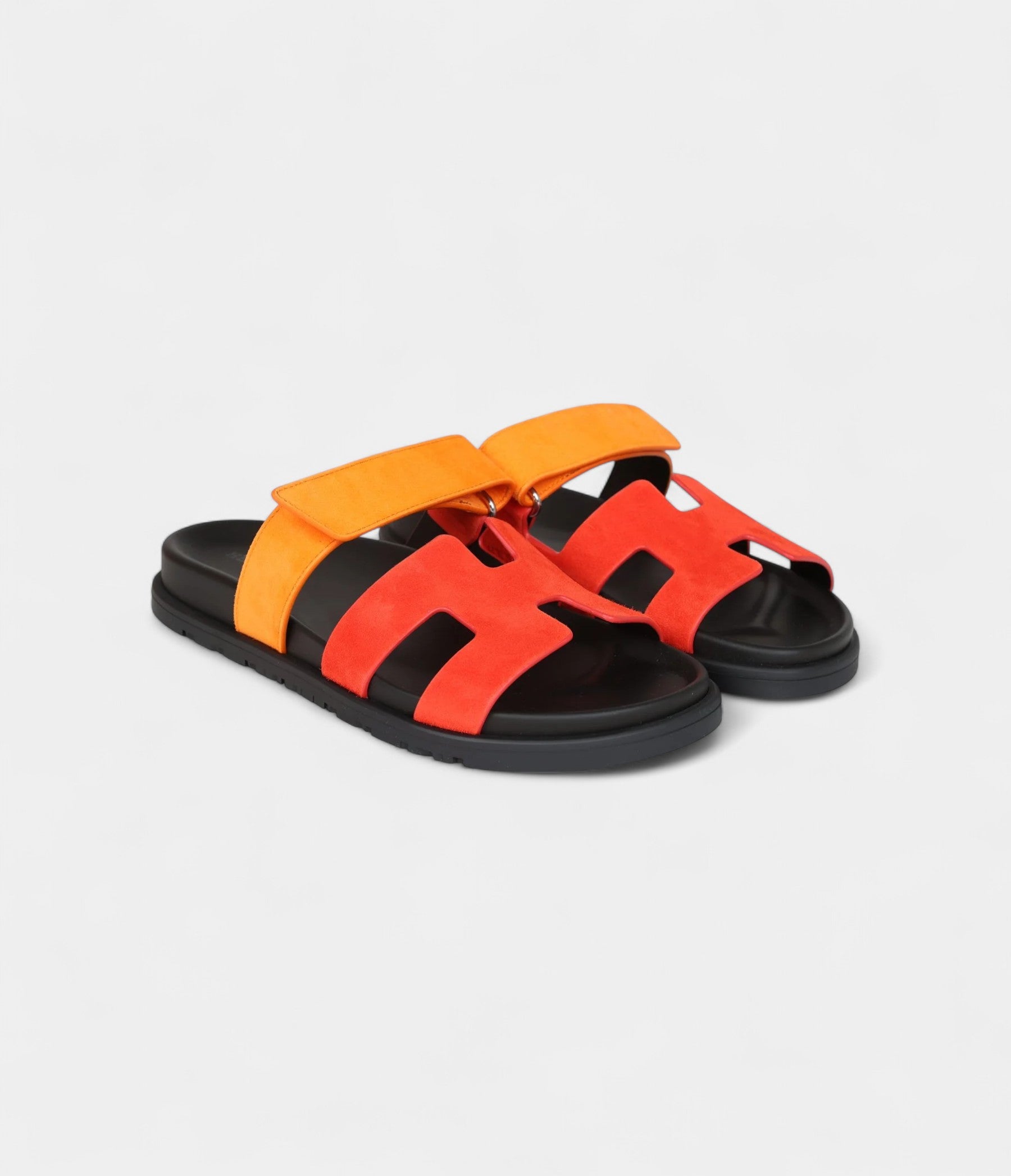 Hermès Chypre Techno Sandal Sunset & Rouge Ecarlate Suede Palladium Hardware 37.5 EU