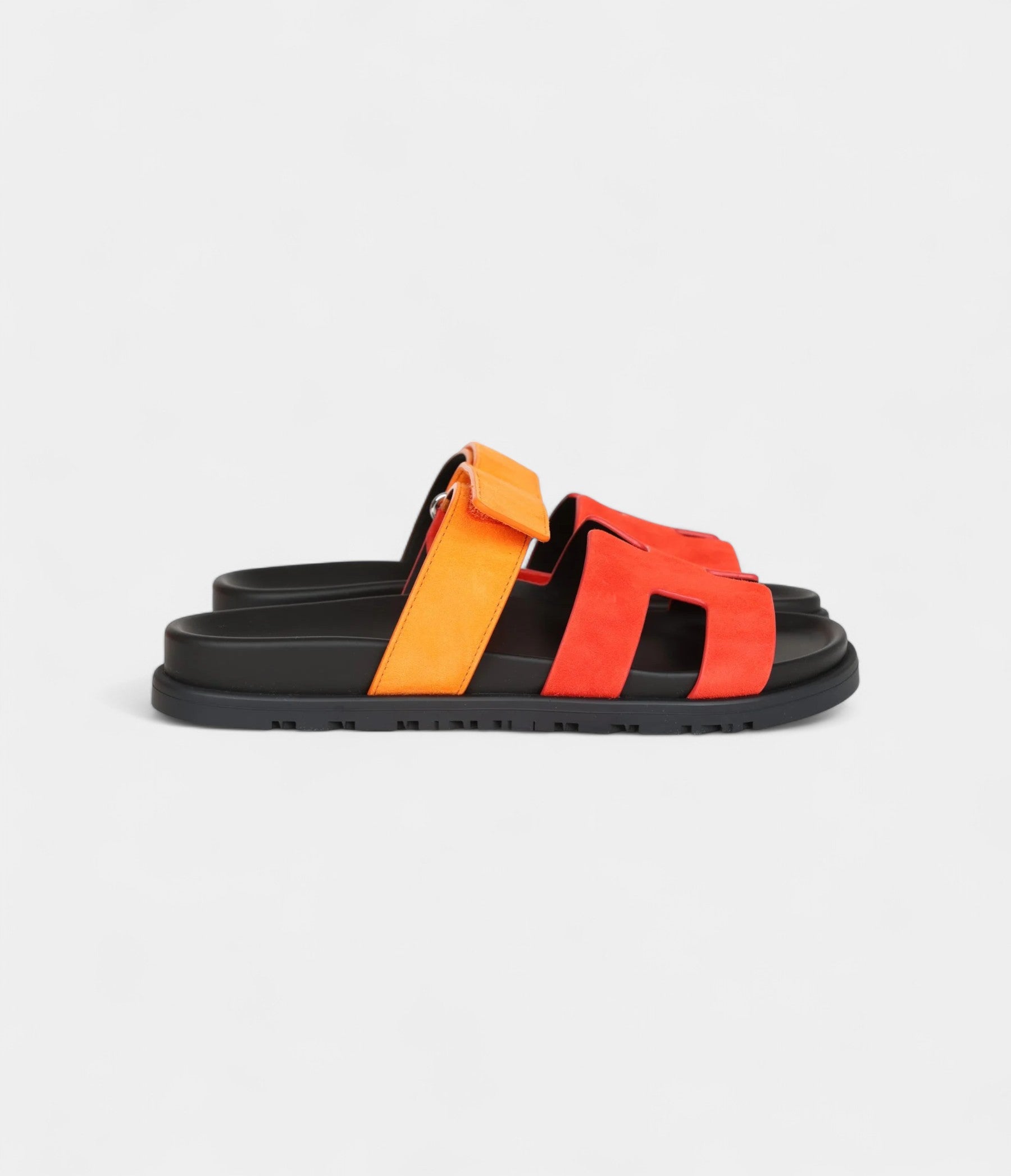 Hermès Chypre Techno Sandal Sunset & Rouge Ecarlate Suede Palladium Hardware 37.5 EU