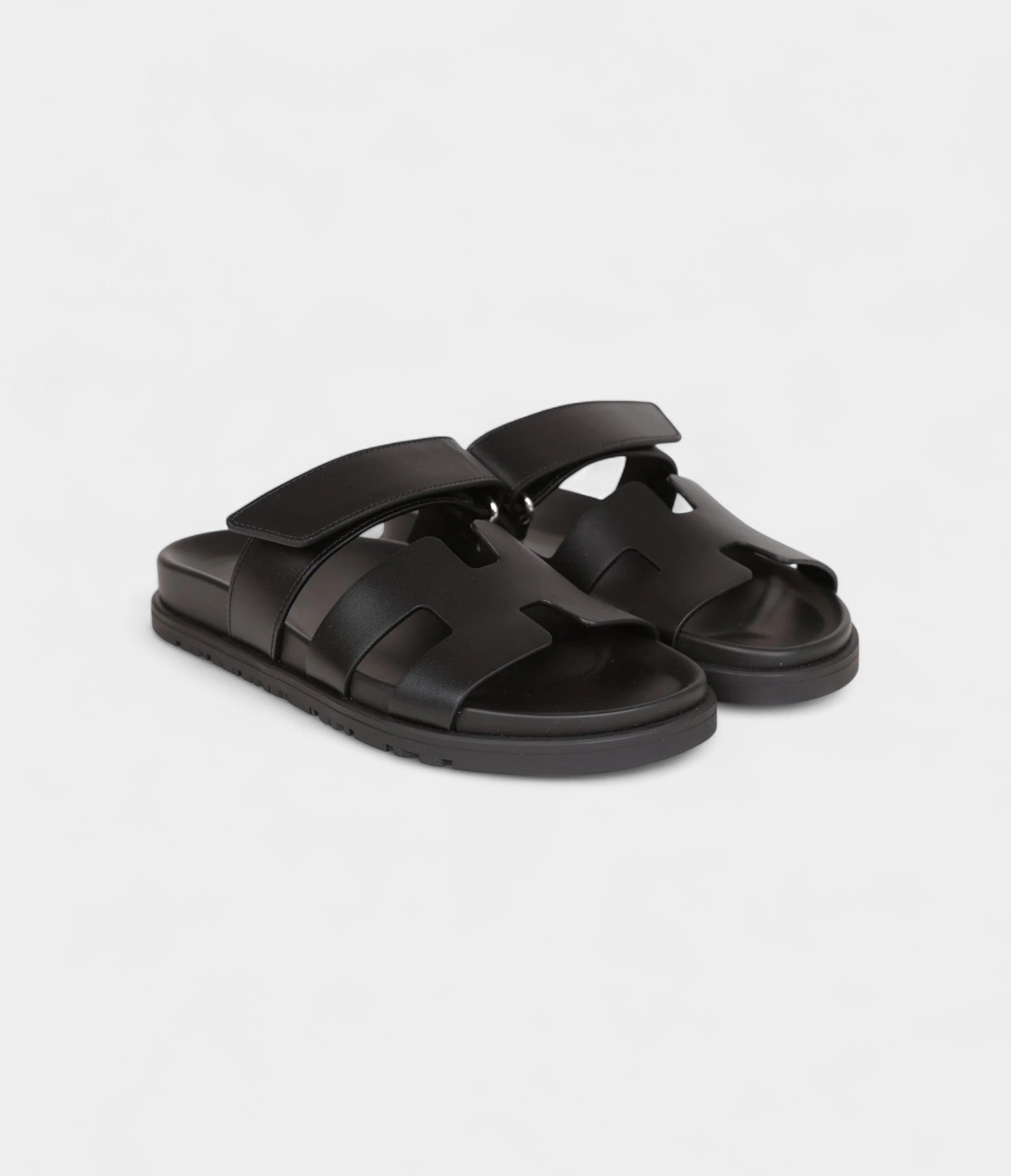 Hermès Chypre Techno Sandals Black Calfskin Palladium Hardware 35.5 EU
