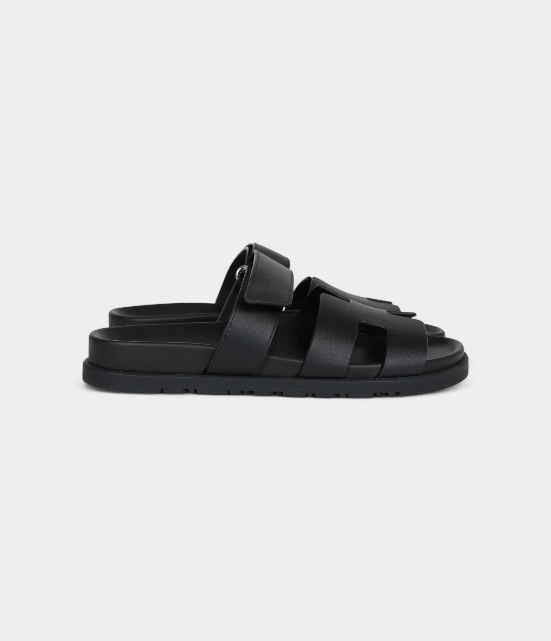 Hermès Chypre Techno Sandals Black Calfskin Palladium Hardware 38 EU