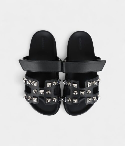 Hermès Chypre Techno Sandals Black Studded Calfskin Palladium Hardware 37.5 EU