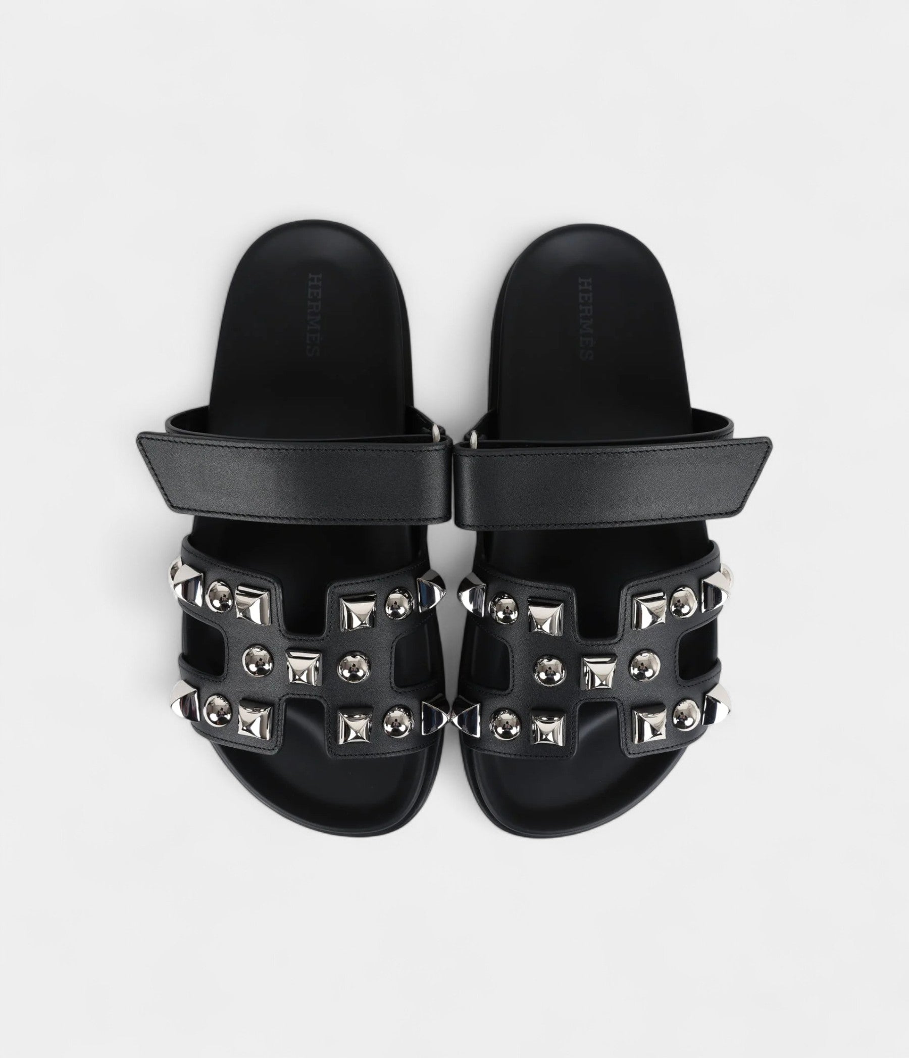 Hermès Chypre Techno Sandals Black Studded Calfskin Palladium Hardware 37.5 EU