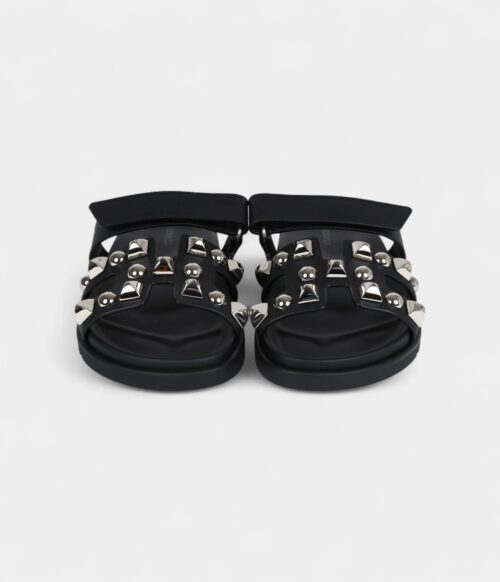 Hermès Chypre Techno Sandals Black Studded Calfskin Palladium Hardware 37.5 EU