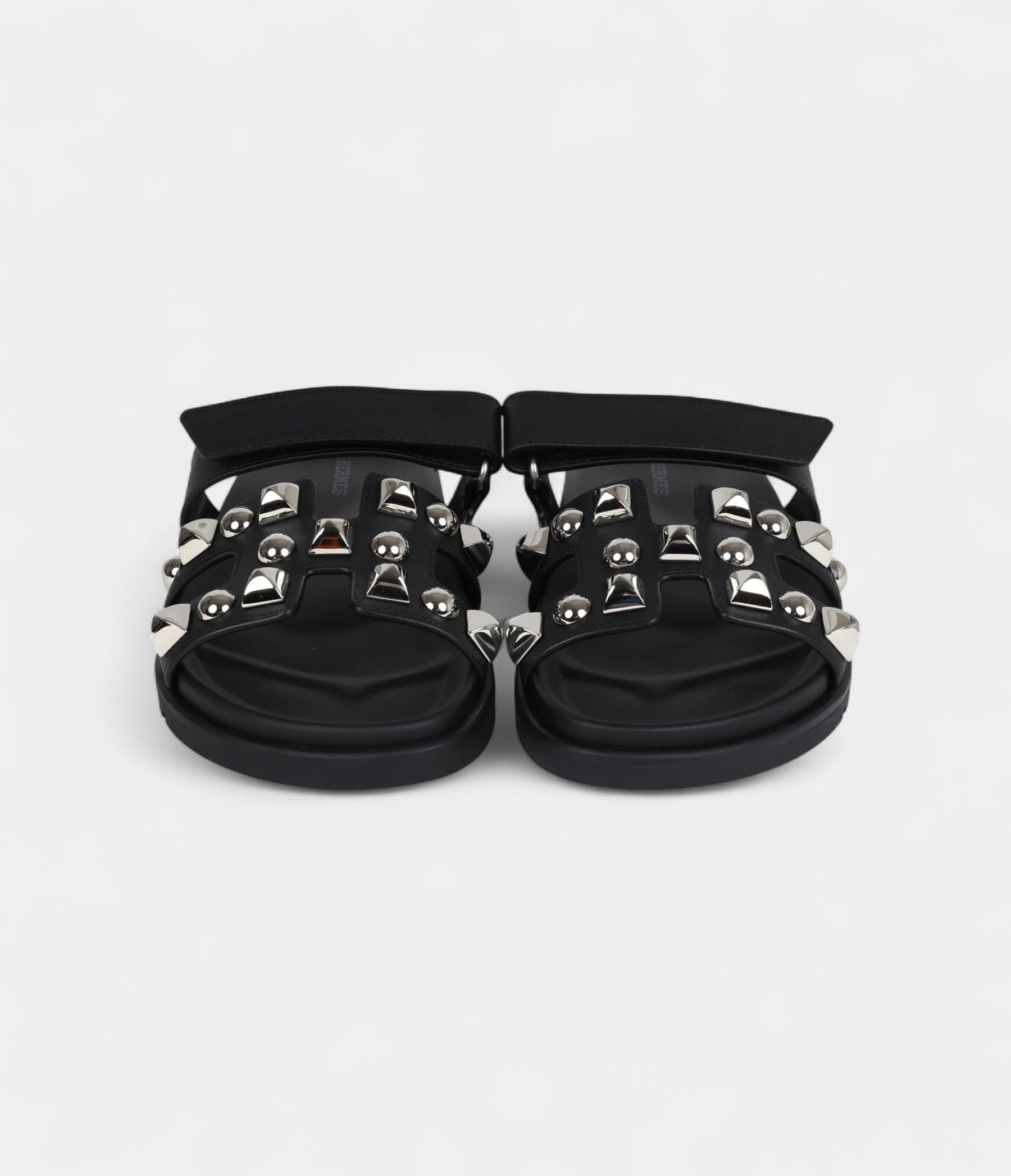 Hermès Chypre Techno Sandals Black Studded Calfskin Palladium Hardware 37.5 EU