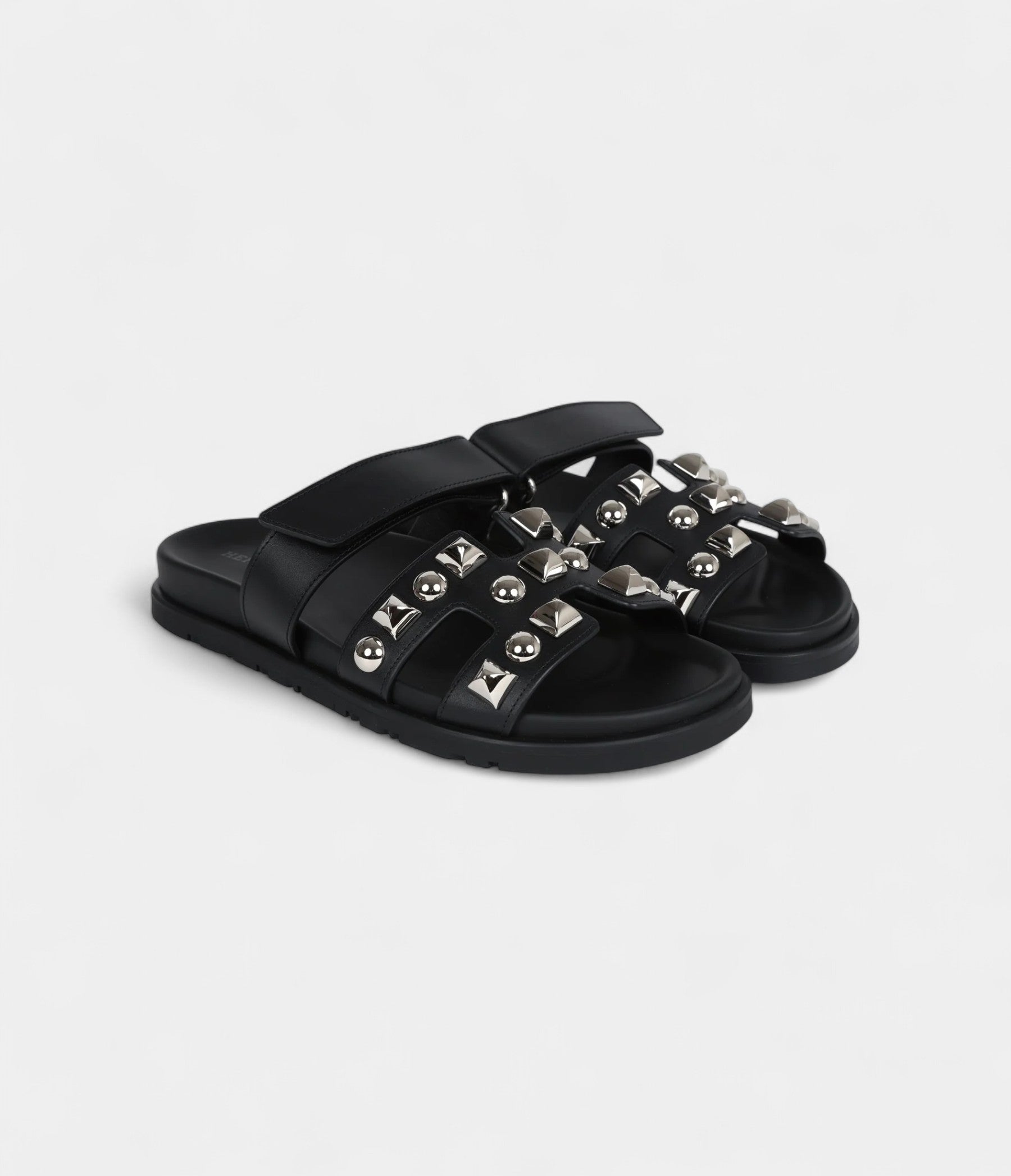 Hermès Chypre Techno Sandals Black Studded Calfskin Palladium Hardware 37.5 EU