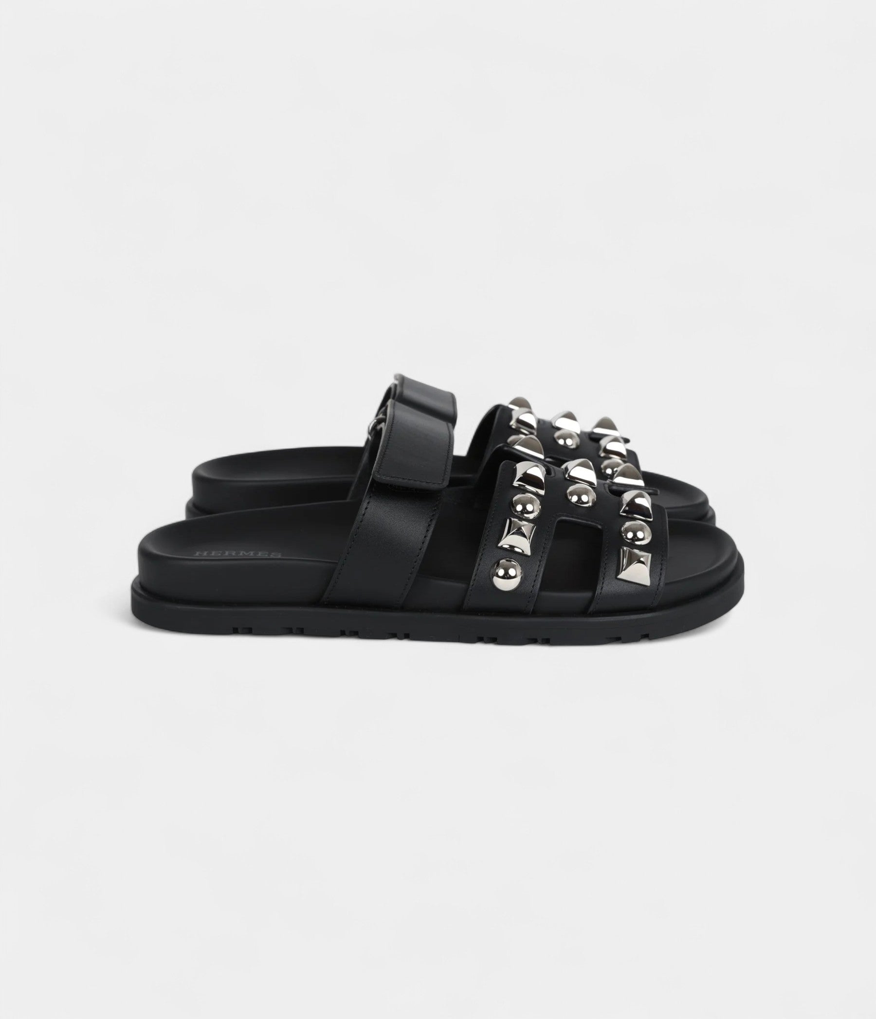 Hermès Chypre Techno Sandals Black Studded Calfskin Palladium Hardware 37.5 EU