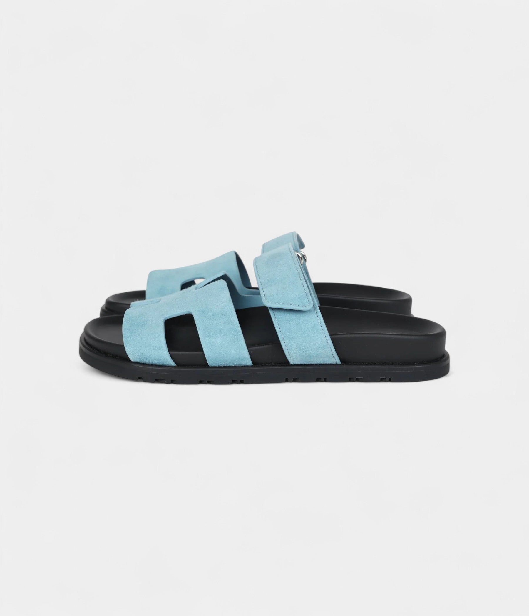 Hermès Chypre Techno Sandals Bleu Mineral Suede Palladium Hardware 37 EU