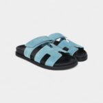 Hermès Chypre Techno Sandals Bleu Mineral Suede Palladium Hardware 37 EU