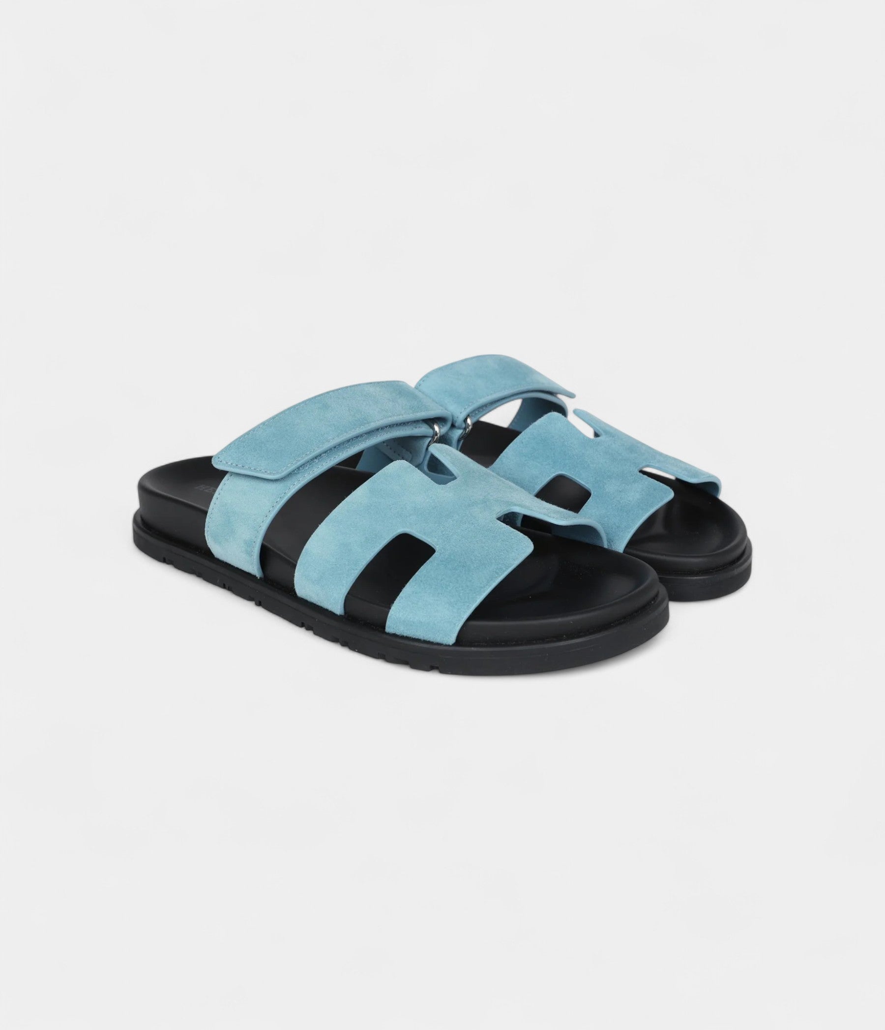 Hermès Chypre Techno Sandals Bleu Mineral Suede Palladium Hardware 37 EU