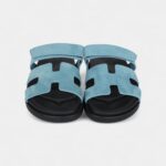 Hermès Chypre Techno Sandals Bleu Mineral Suede Palladium Hardware 37 EU