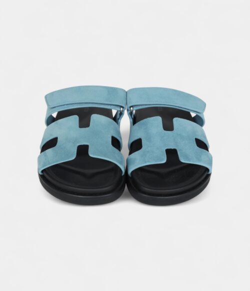 Hermès Chypre Techno Sandals Bleu Mineral Suede Palladium Hardware 37 EU