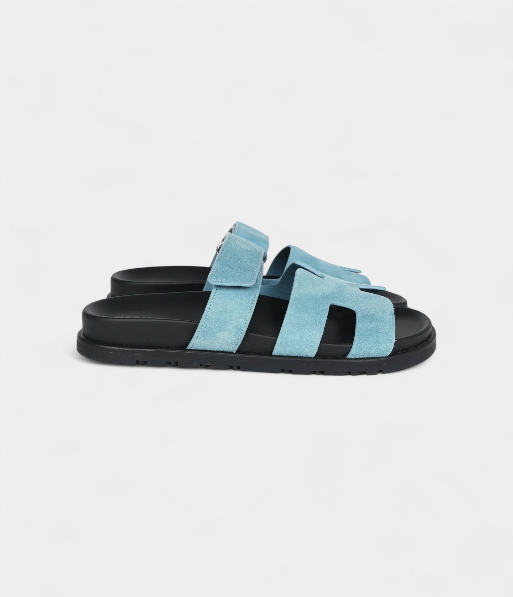 Hermès Chypre Techno Sandals Bleu Mineral Suede Palladium Hardware 37 EU