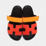 Hermès Chypre Techno Sandals Sunset/Rouge Ecarlate Suede Palladium Hardware 37 EU