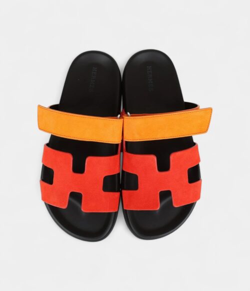 Hermès Chypre Techno Sandals Sunset/Rouge Ecarlate Suede Palladium Hardware 37 EU