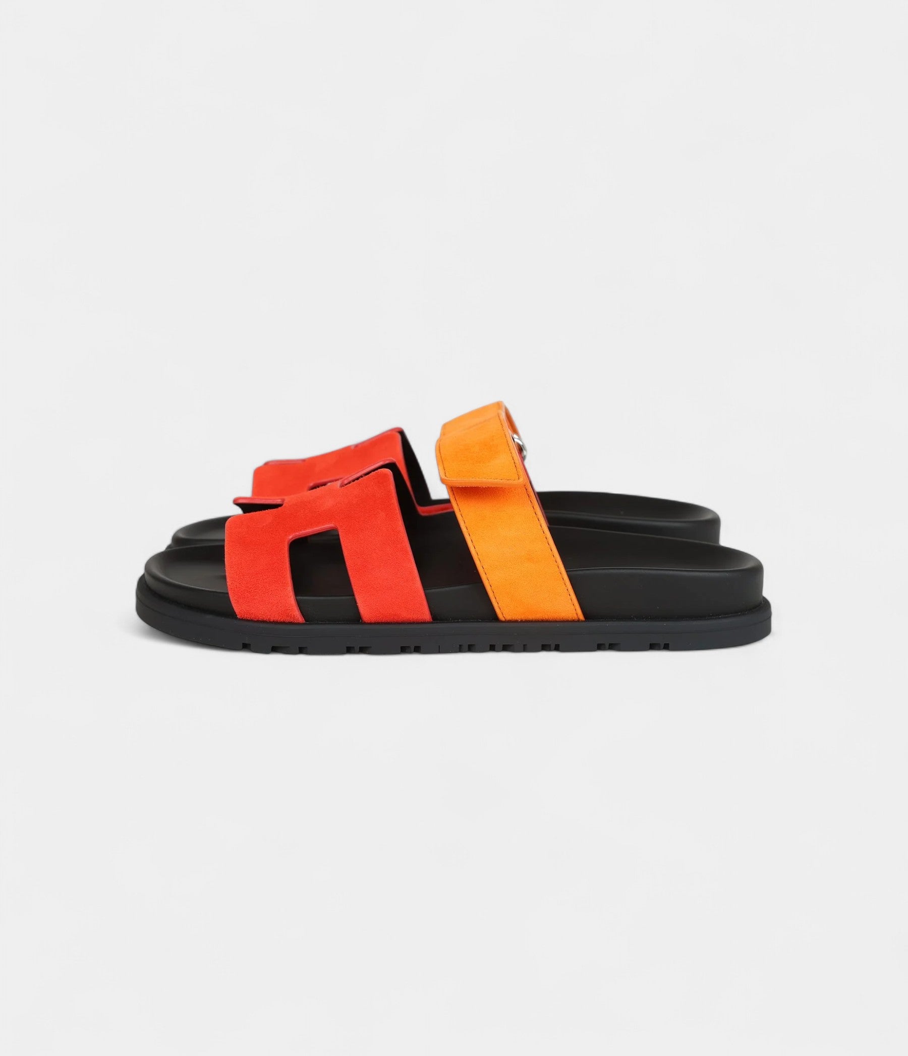 Hermès Chypre Techno Sandals Sunset/Rouge Ecarlate Suede Palladium Hardware 37 EU