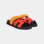 Hermès Chypre Techno Sandals Sunset/Rouge Ecarlate Suede Palladium Hardware 37 EU